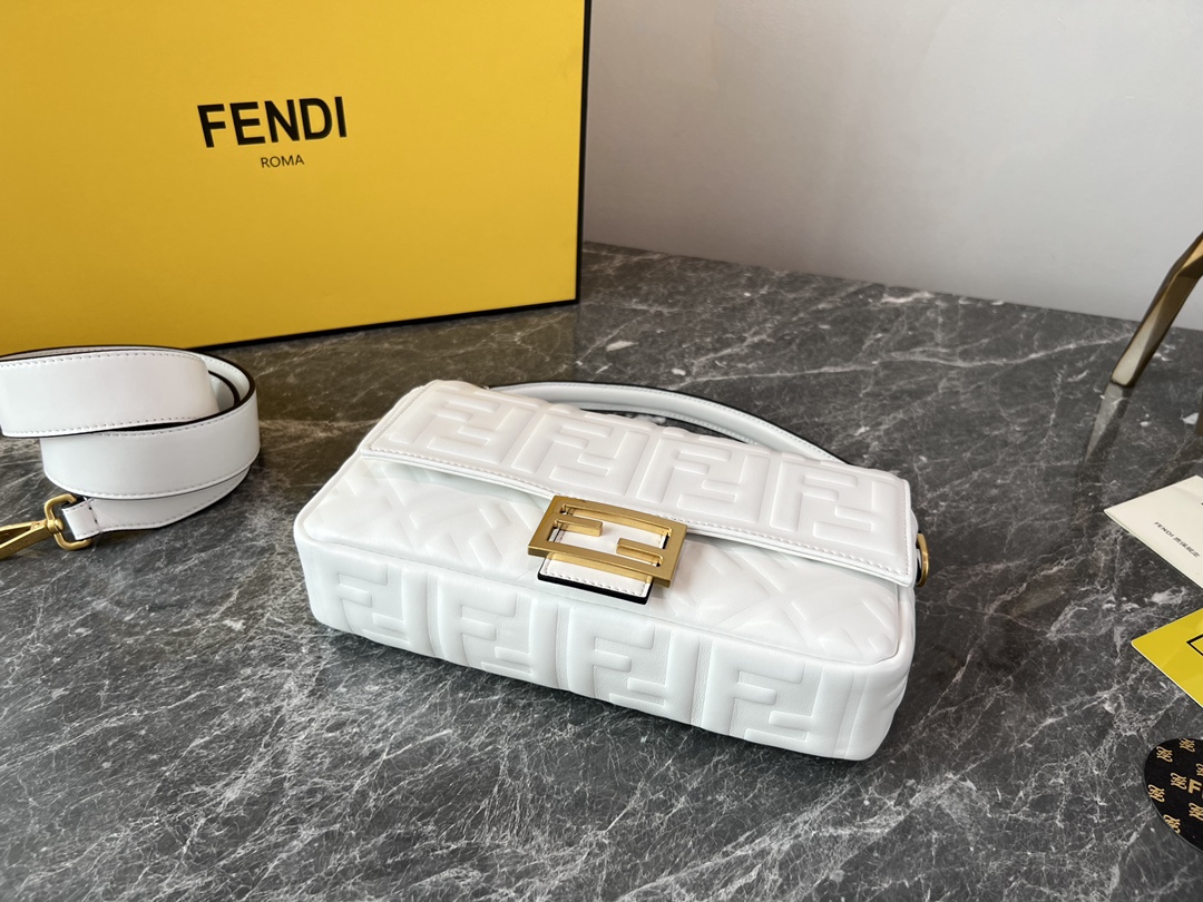 Fendi Medium Baguette Nappa Leather with FF Motif Shoulder Bag White